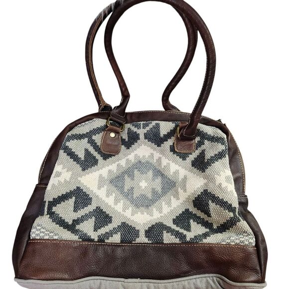 Myra Canvas And Leather Southwestern Shoulder Bag Double Leather Handles - Picture 1 of 12